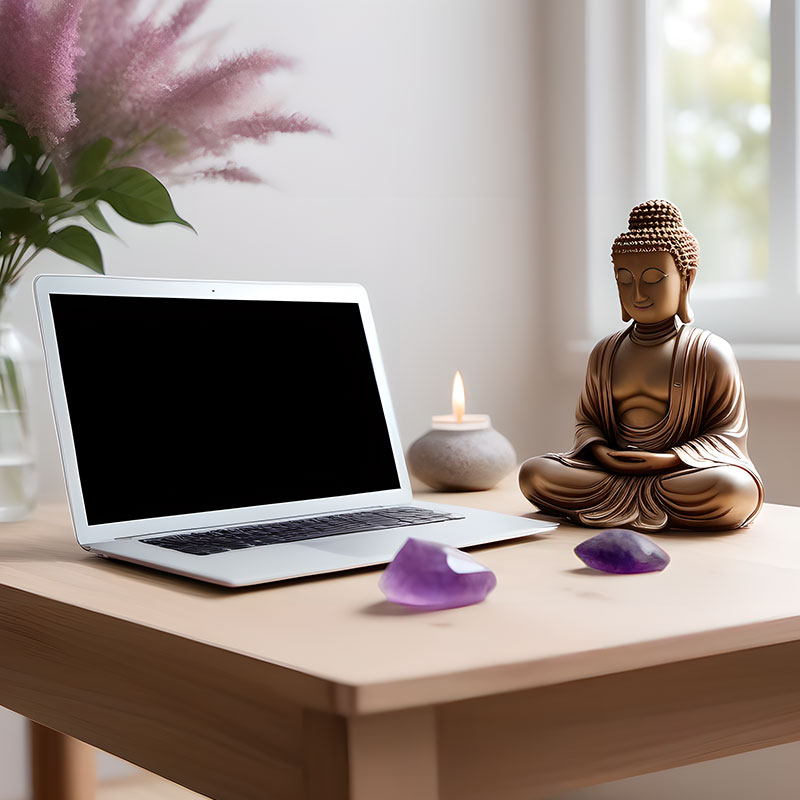 Ein ruhiger Schreibtisch mit einem geöffneten Laptop, dessen Bildschirm schwarz ist, und einer sitzenden Buddha-Statue in Meditationshaltung. Neben dem Buddha befinden sich zwei Amethyst-Heilsteine sowie eine brennende Kerze in einem kleinen grauen Gefäß. Im Hintergrund steht eine Vase mit lilafarbenen Blumen. Die Szene strahlt eine entspannte und spirituelle Atmosphäre aus.