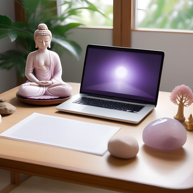 a laptop on a table with a statue of a buddha