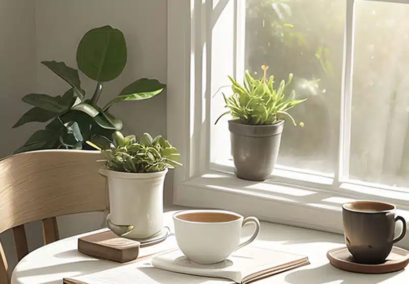 runder Tisch vor einem Fenster, weiße Tischdecke, gedeckt mit 2 Tassen Tee oder Kaffee und einer Grünpflanze in weißem Übertopf, vor dem Tisch am Rand sieht man die Lehne eines Holzstuhls
