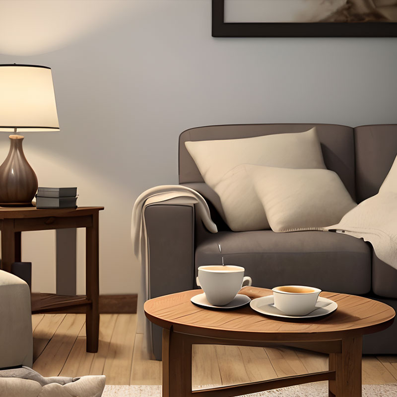 Zwei Tassen auf einem Holztisch vor einem Sofa mit Kissen – Symbol für einfühlsame Trauerbegleitung, Gespräch und menschliche Nähe in ruhiger Atmosphäre.